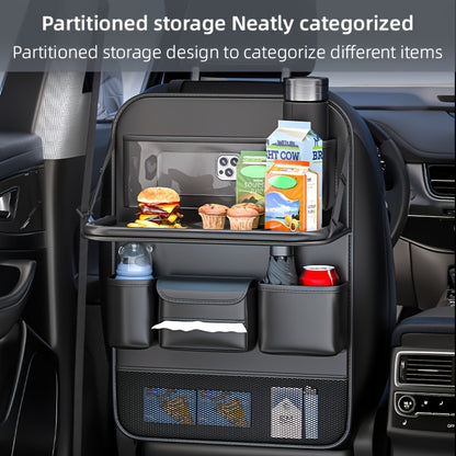 Universal Premium PU Leather Car Seat Back Organizer - Spacious Storage Bag with Back Seat Dining Table, Cup Holder, And Travel Accessories for A Comfortable Ride