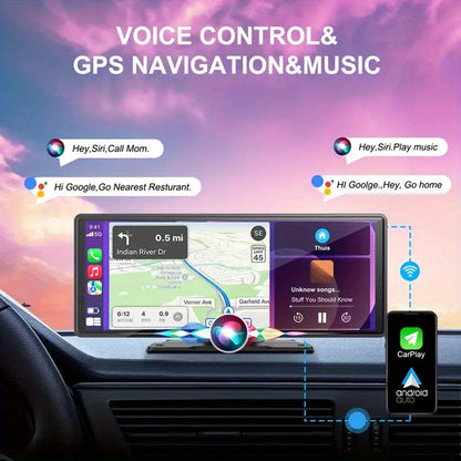 Introducing The Latest 10.26-Inch Wireless Car Display, Equipped with Integrated Car Audio, a Touchscreen Interface, a 720P HD Backup Camera, a Dashcam, Wireless Connectivity, GPS Navigation