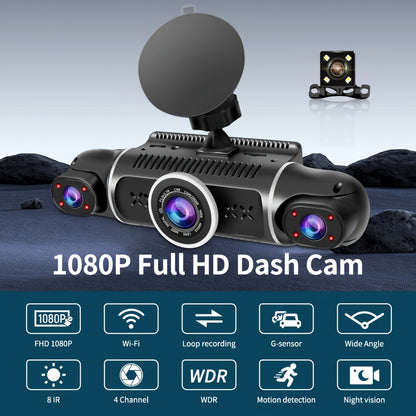 FHD 1080P 3/4-Channel 360° Car Dashcam, WIFI, IR Night Vision, Loop Recording, Car DVR Recorder, 3.0" IPS Screen, Rechargeable Battery 180Mah, 12-24V Car Plug, Optional 32GB Memory Card (Black), Car Parts/ Car Dashboard Camera/ Christmas Gift/