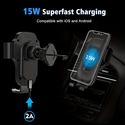 15W Fast Wireless Car Charger with Auto Clamping & Electric Sensor - Compatible for 16/15/14/13/12/11 & Samsung S23/S22/S21/S20, Air Vent Mount, - Operation, Plate Clamps & -Slip Phone Holder, - ( for Hands-free Driving)