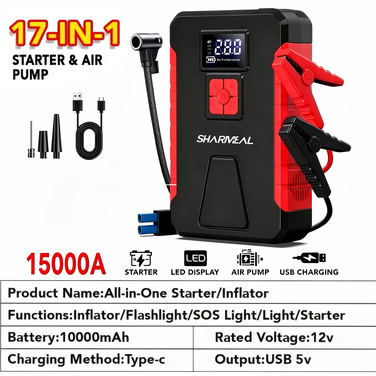 15000A-21000A Peak 350PSI 12V 17-in-1 Portable Jump Starter with Air Compressor Jump Starter, Car Battery Charger, Car Jump Starter with Air Compressor, Jump Starter Para, Car Accessories Tools, LED Light, Battery Charger, Cart Battery Charger