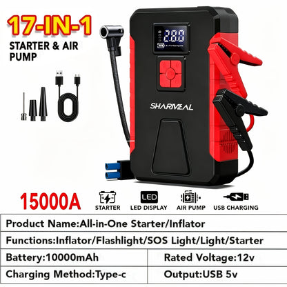 15000A-21000A Peak 350PSI 12V 17-in-1 Portable Jump Starter with Air Compressor Jump Starter, Car Battery Charger, Car Jump Starter with Air Compressor, Jump Starter Para, Car Accessories Tools, LED Light, Battery Charger, Cart Battery Charger