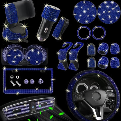 27pcs Bling Car Accessories Set for Women, Bling Steering Wheel Covers Universal Fit 15 Inch, Bling Car Coasters, Bling License Plate Frame, Car Phone Holder