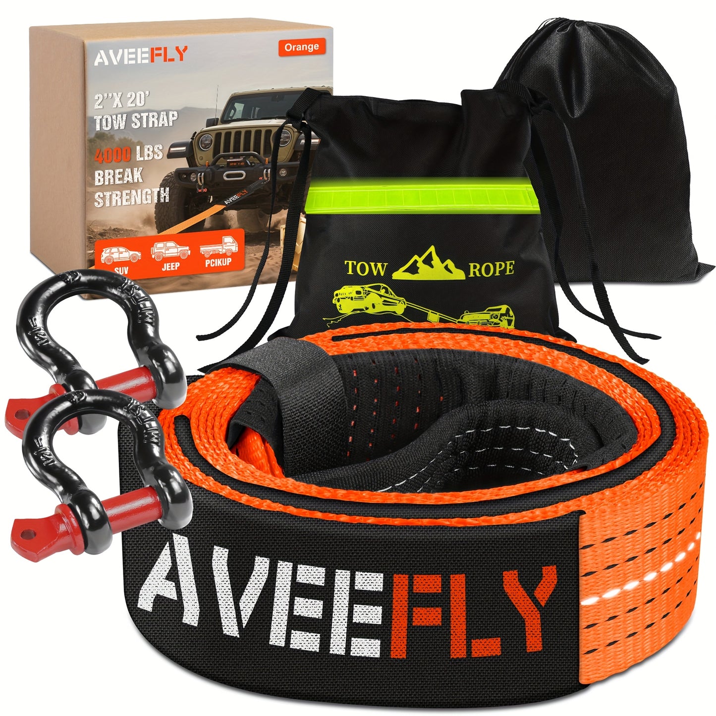 Heavy Duty Recovery Tow Strap, 4000/6000LBS Break Strength (3"x30'/2"x20'), Emergency Recovery Strap Tow Rope for Truck for JEEP ATV UTV Offroad 4x4 Use & More, Towing Strap with 2pcs D Ring Shackles, Reflective Safety Flag, Storage Bag