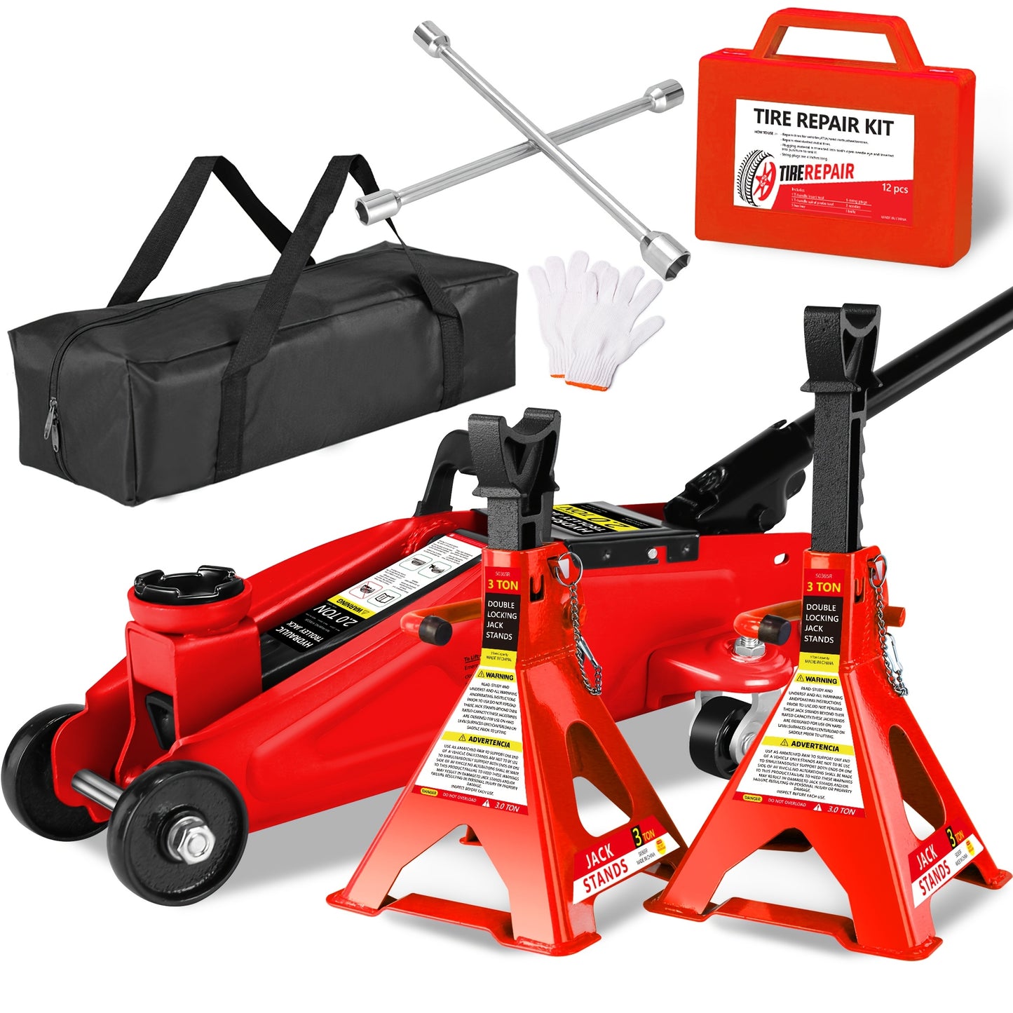 2/2.5/3 Ton Capacity, Jack Kit Low Profile Hydraulic Trolley Service/Floor Jack Combo, Multiple Meal Plans to Choose from 3 Ton Jack Stands 2PCS, Tire Repair Kit, 14-inch Wheel Cross Wrench, Wheel Chock, Jack Accessories Red/Blue
