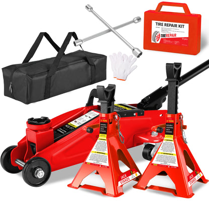 2/2.5/3 Ton Capacity, Jack Kit Low Profile Hydraulic Trolley Service/Floor Jack Combo, Multiple Meal Plans to Choose from 3 Ton Jack Stands 2PCS, Tire Repair Kit, 14-inch Wheel Cross Wrench, Wheel Chock, Jack Accessories Red/Blue