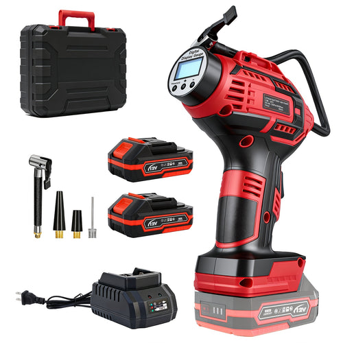 20V Portable Air Compressor, 980kPa Tire Inflator with Digital Display, Powered by NO/One/Two 1500mAh Rechargeable Battery, Includes 12V Car Adapter & Mini USB Connector, for Cars, Motorcycles, Bicycles, and Sports Balls