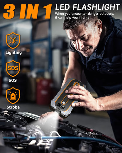6000A Peak All-in-One Heavy-Duty Jump Starter with USB Ports & LED Flashlight - 12V Lithium-Ion Fast-Charging Portable Power Bank, Compact & Portable with Safety Hammer, 12V for Cars, SUVs, Trucks, Motorcycles, Boats, RVs, ATVs, Emergency Use