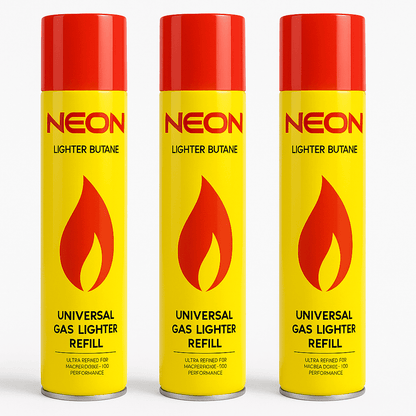 3 Pack NEON Butane Gas Refill – 10.14 oz Cans – Ultra Refined Universal Lighter Fuel – 5 Adapter Tips – High-Performance Yellow Canisters