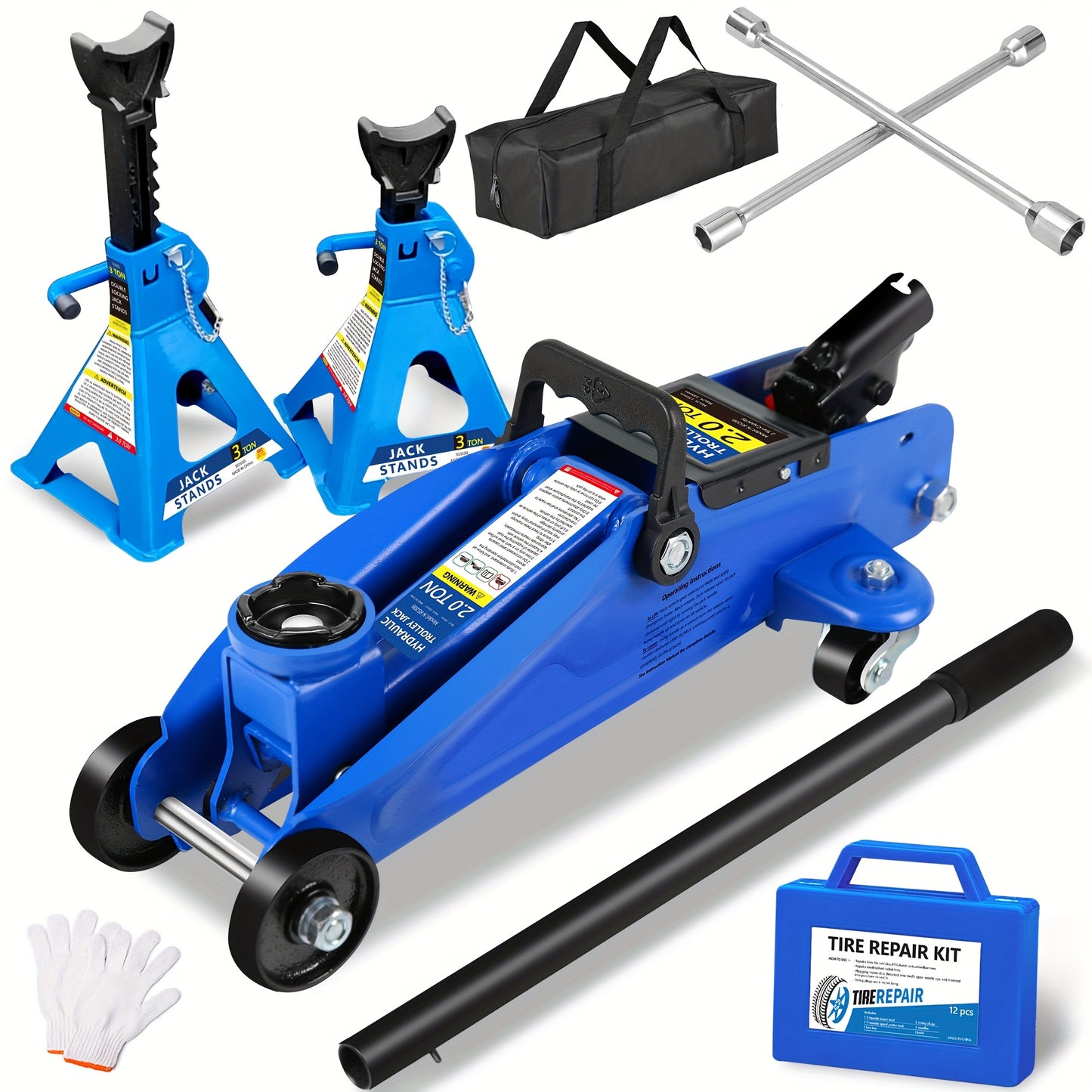 2/2.5/3 Ton Capacity, Jack Kit Low Profile Hydraulic Trolley Service/Floor Jack Combo, Multiple Meal Plans to Choose from 3 Ton Jack Stands 2PCS, Tire Repair Kit, 14-inch Wheel Cross Wrench, Wheel Chock, Jack Accessories Red/Blue