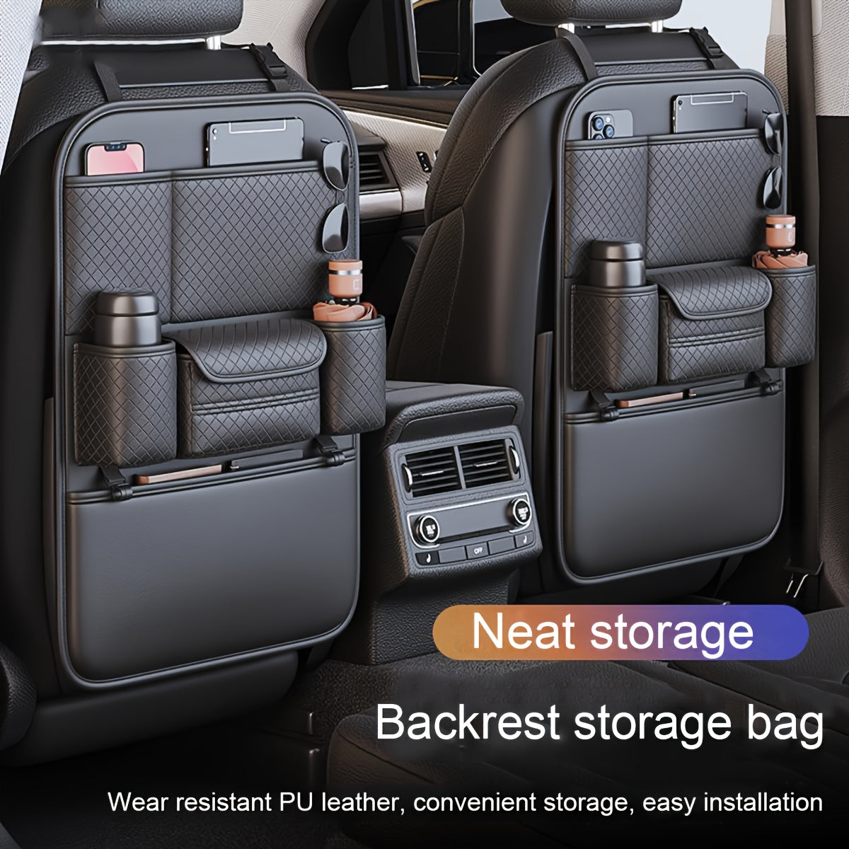 1pc High Quality Black Car Seat Back Organizer - Large Capacity PU Leather Storage Bag for Water Bottles, Tablets, Laptops And Accessories, Stylish Multi Compartment Backseat Organizer for Easy Car Storage