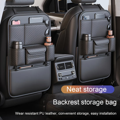 1pc High Quality Black Car Seat Back Organizer - Large Capacity PU Leather Storage Bag for Water Bottles, Tablets, Laptops And Accessories, Stylish Multi Compartment Backseat Organizer for Easy Car Storage