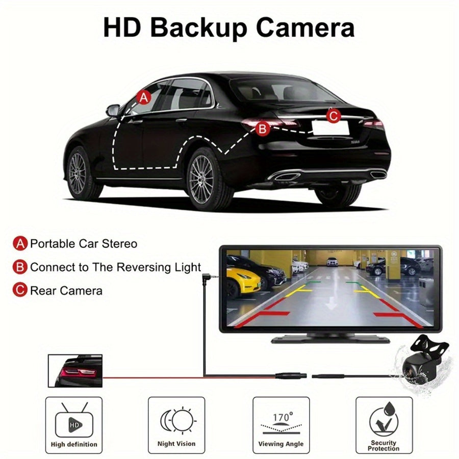 Introducing The Latest 10.26-Inch Wireless Car Display, Equipped with Integrated Car Audio, a Touchscreen Interface, a 720P HD Backup Camera, a Dashcam, Wireless Connectivity, GPS Navigation