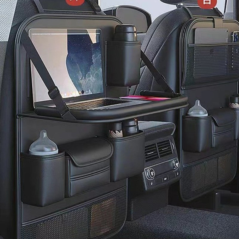Fit PU Leather Car Seat Back Organizer with Multiple Compartments, Mesh Pockets & Laptop Holder - Foldable Travel Storage Bag for Car Interior Accessories