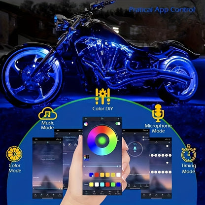 The RGB Motorcycle Light Strip Features Six Installation Points, Operates on 12V, And Includes a Mobile App And Sound Effects, Making It a 6-In-1 Decorative Atmosphere Light for Motorcycles, Without Battery