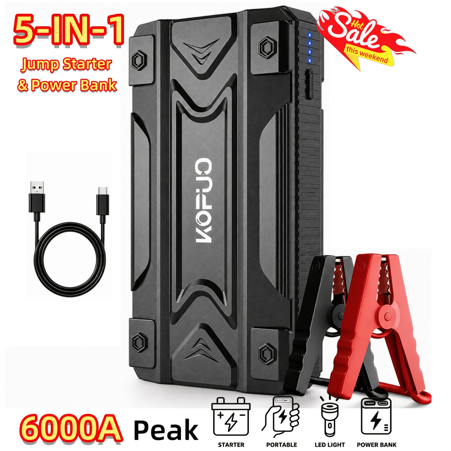 6000-20000A Peak Single Jump Starter Or 12V Portable Car Jump Starter with Air Compressor, Jump Starter Battery Pack with 150PSI Tire Inflator, 7-in-1 Multi-functional Battery Booster Power Bank with LED Light, Car Battery Charger, Roadside Assistanc