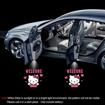 Set of 2 Sanrio Hello Kitty Car Door Lights, Featuring LED Projectors That Display a Cartoon Love Design. These Wireless LED Lights Create a Shadow Effect And Serve As Car Additions, Without Battery