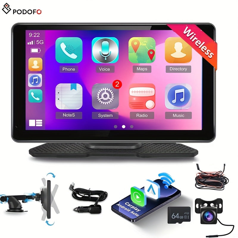 Podofo 10.26” Android Auto & CarPlay Wireless Portable Car Stereo with Touchscreen, Wireless/, Voice Control, FM Transmitter, Compatible for Smartphones, Navigation, Handsfree Calling, AUX Receiver for Vehicles