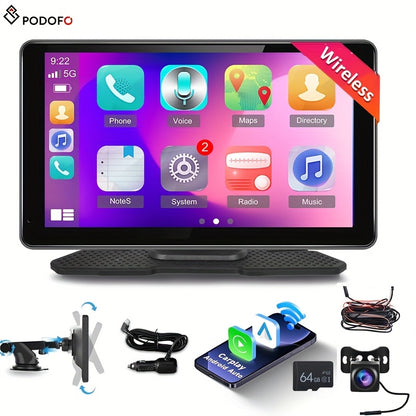 Podofo 10.26” Android Auto & CarPlay Wireless Portable Car Stereo with Touchscreen, Wireless/, Voice Control, FM Transmitter, Compatible for Smartphones, Navigation, Handsfree Calling, AUX Receiver for Vehicles