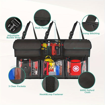 Rear Seat Trunk Organizer Suspended Car Organizer Trunk Foldable Cargo Storage with 6 Large Pockets 3 Adjustable Shoulder Straps 40x19 Inches