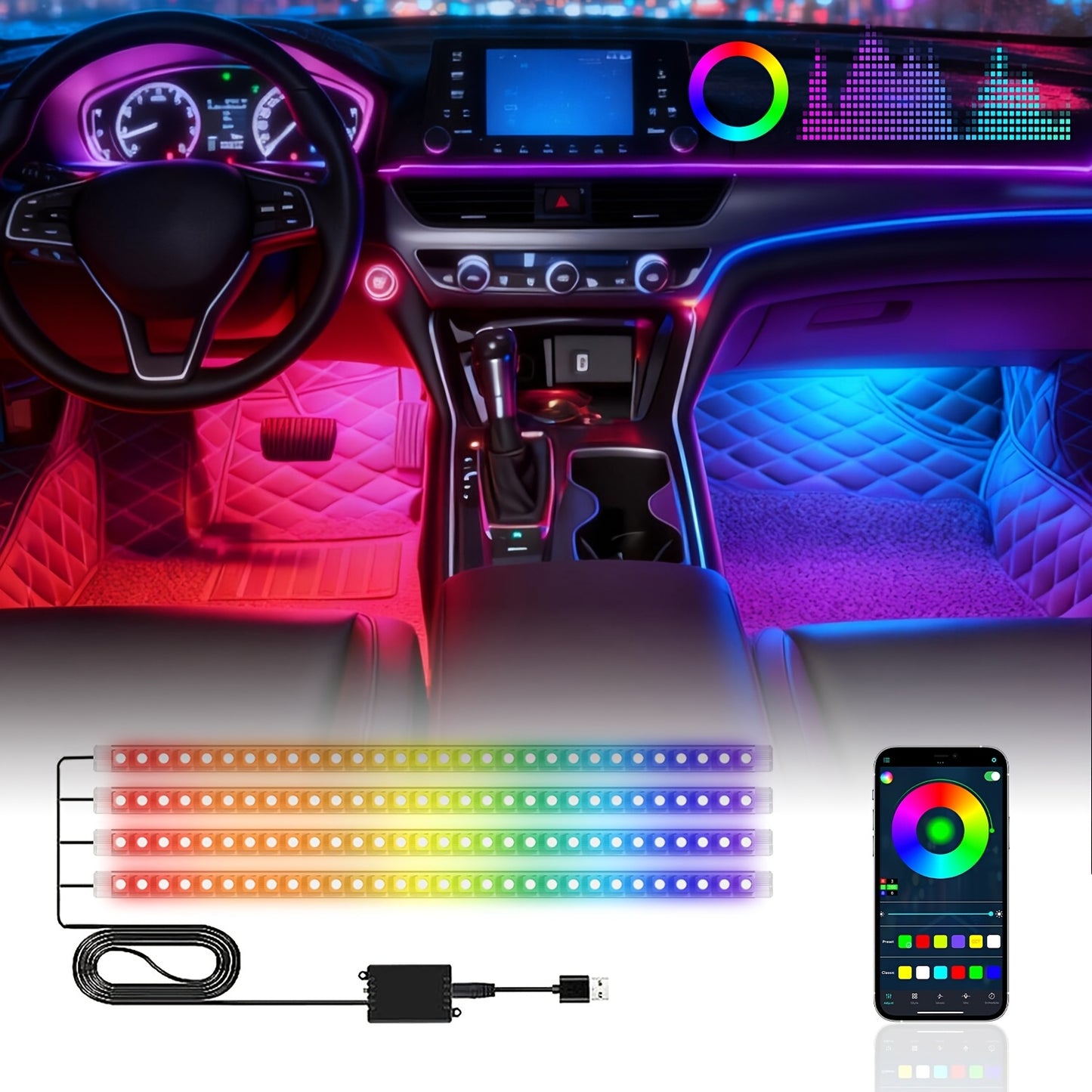48-LED RGB Car Interior Ambient Light, Supports App Control/Usb/Car Plug, Compatible, LED Color Light Strips, Under-Seat Lighting Kit for All Car Models, Without Battery