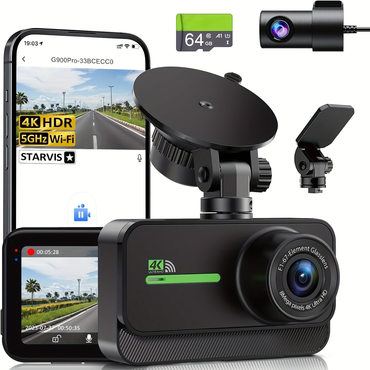 4K Dashboard Camera for Vehicles with WIFI, Video Recording Capabilities, Rear View Camera, Night Vision, And Parking Monitoring (Includes 64GB Memory Card)