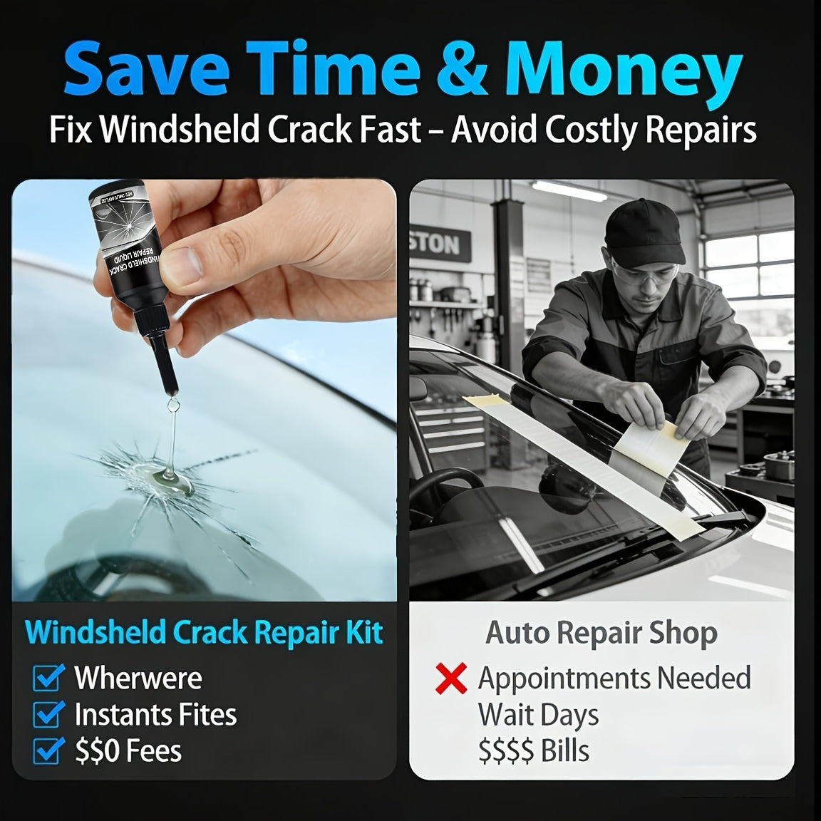 Windshield Repair Kit, 15-Minute Quick Fix, Nano Liquid Stops Spread, DIY And Save $250+. Works On Bullseye, Star Cracks, And Scratches. 2 Options-2-Pack Of Windshield Repair Fluid OR 2 Repair Fluids + 1 Suction Mount. Portable Boxed Set