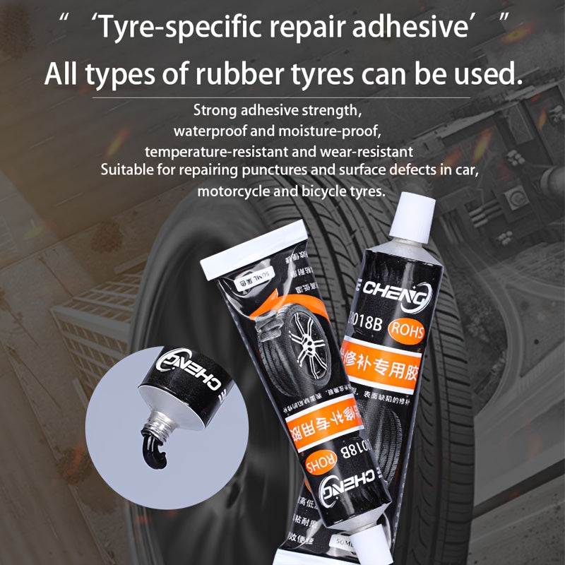 Heavy-Duty Tire Repair Adhesive with Scraper & Pointed Tip Kit - Quick-Curing Strong Bond, Waterproof Gel Formula for Cars, Bikes, Motorcycles, ATV, Truck Tires - Long-Lasting Fix for Punctures, Crack, Sidewall & Tread Damage - Rubber-Compatible