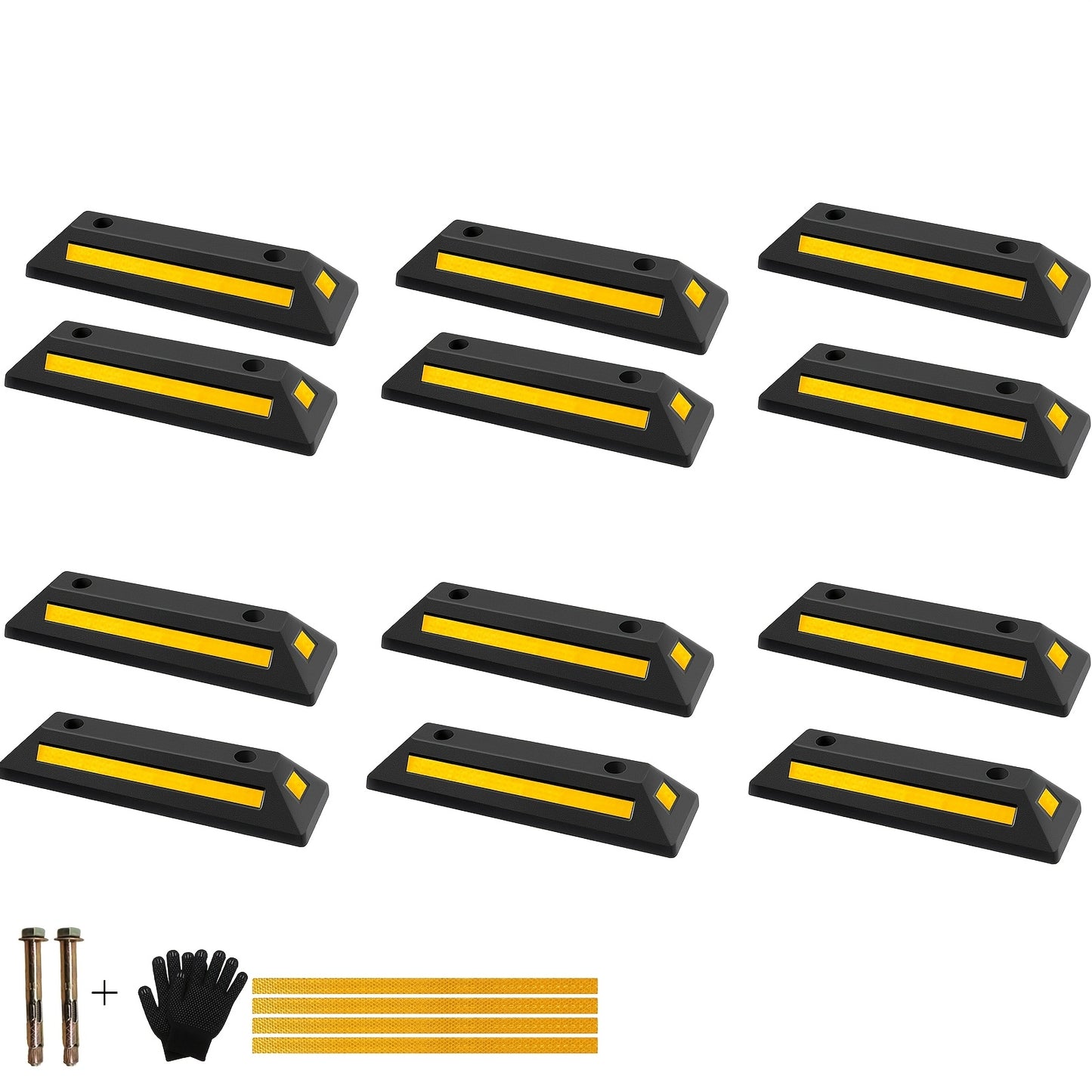 Car Wheel Stops for Garage -Heavy Duty Rubber Parking Guide 12/8/4/2/1pc Premium Quality Durable Car for Garage Wheel Stopper Professional Grade Park with Reflective Yellow Tape Curb, Adjustable for Safe Parking of Vehicles, for Garage Parking Stops