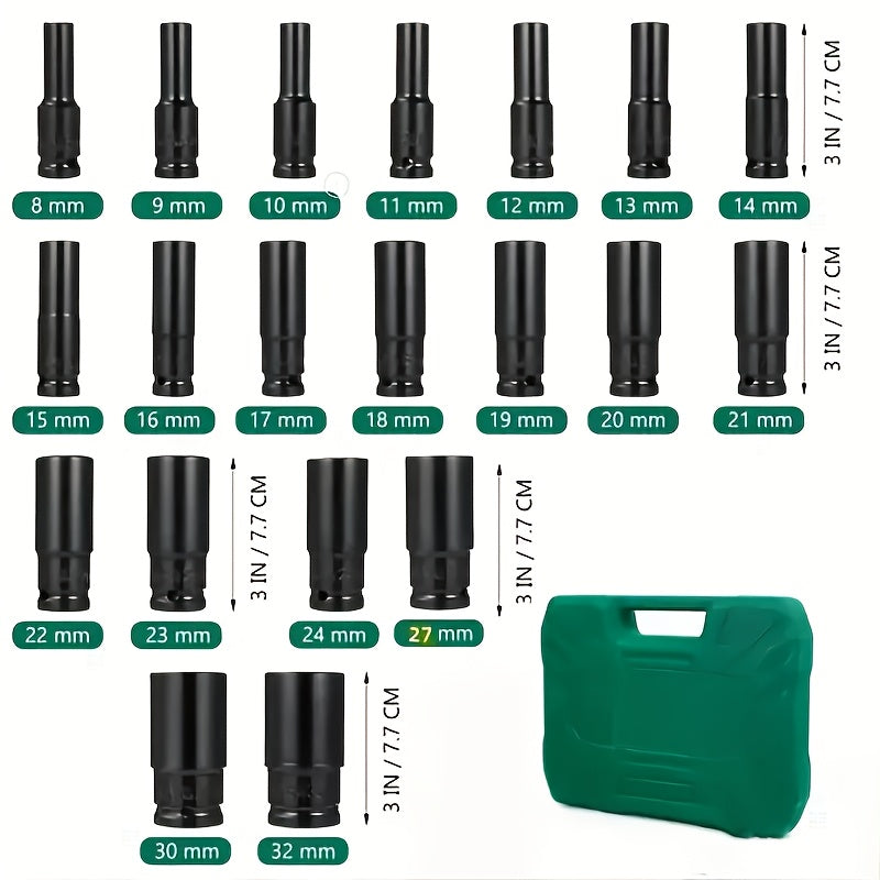 20pcs 1/2" Drive Metric Deep Impact Socket Set, 8mm-32mm, Electric Wrench Extension Hex Sockets for Automotive Repair and Nut Tools, Mechanic Tools, Vehicle Maintenance, Heavyduty Sockets, Professionalgrade Sockets, Impactresistant Sockets, Corrosionresis