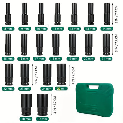 20pcs 1/2" Drive Metric Deep Impact Socket Set, 8mm-32mm, Electric Wrench Extension Hex Sockets for Automotive Repair and Nut Tools, Mechanic Tools, Vehicle Maintenance, Heavyduty Sockets, Professionalgrade Sockets, Impactresistant Sockets, Corrosionresis