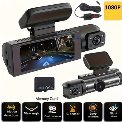 CAMECHO 1080P Dual Camera, Dash Cam For Cars, Front And Inside, Car Camera With IR Night Vision, Loop Recording, Wide Angle Car DVR Camera Optional 3.16 Inch/2inch, Dual Lens Car Dashboard Video Cam.optional No Card/32gb/64gb Memory Card