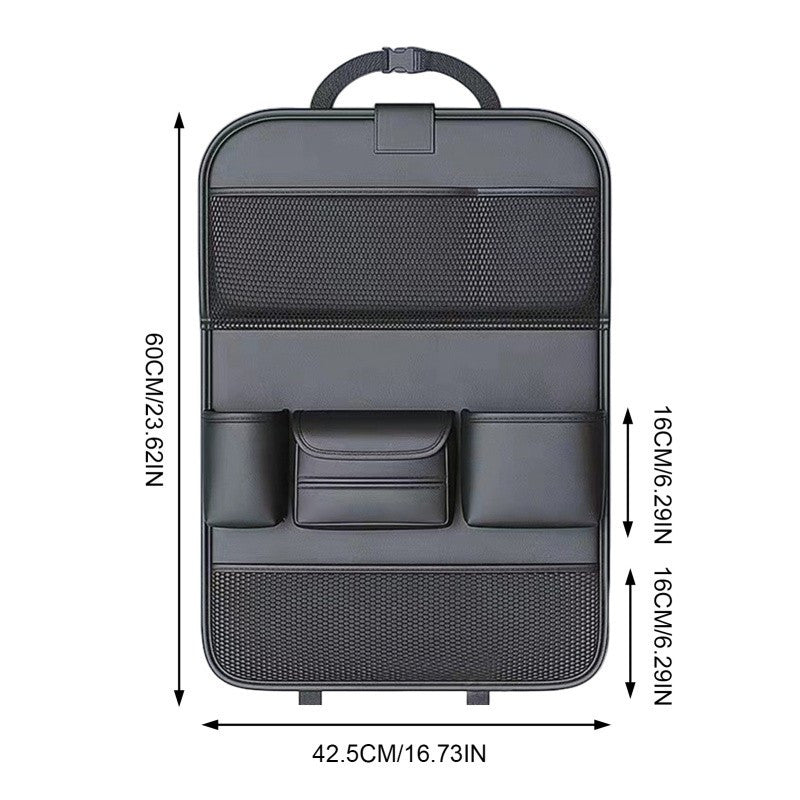 Fit PU Leather Car Seat Back Organizer with Multiple Compartments, Mesh Pockets & Laptop Holder - Foldable Travel Storage Bag for Car Interior Accessories