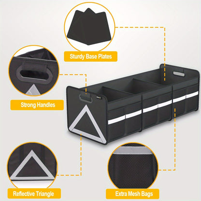 Heavy Duty Foldable Trunk Organizer with Multi Pockets & Reflective Stripe - Collapsible Storage for Car, SUV, Minivan, Trunk Space Saver, Easy Access Design, Secure Zipper Closure