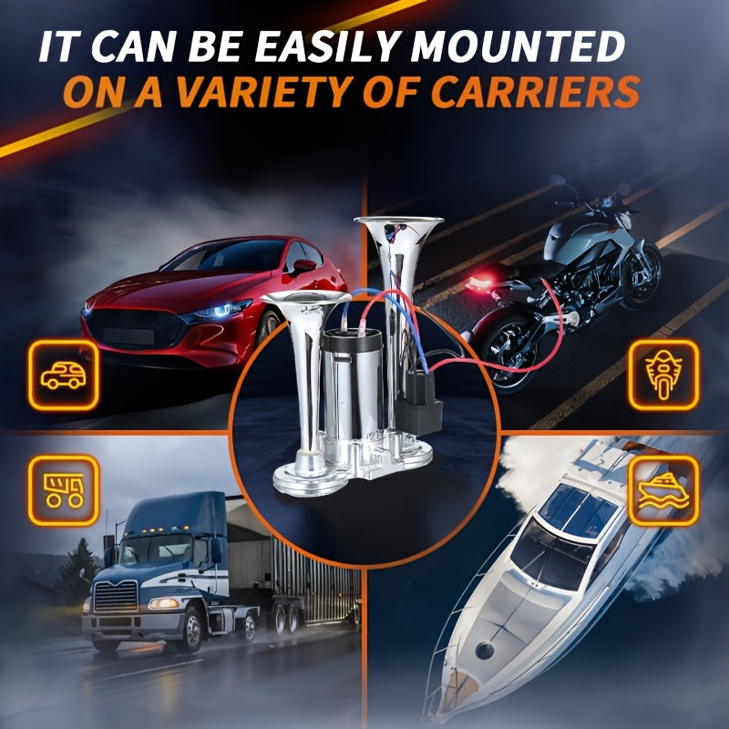 130dB Double Tube Air Horn 12V/24V, Aluminum Alloy Construction with Compressor Included, Super Loud for Trucks, SUVs, Boats, Quick Connect Installation