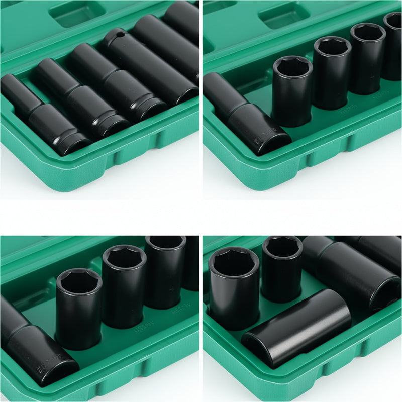 1/2-Inch Deep Impact Socket Set with Sturdy Green Storage Case, Pneumatic& Electric Drill Compatible, Ideal for Tire Removal, Mechanical Repair& Auto Maintenance
