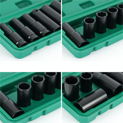1/2-Inch Deep Impact Socket Set with Sturdy Green Storage Case, Pneumatic& Electric Drill Compatible, Ideal for Tire Removal, Mechanical Repair& Auto Maintenance