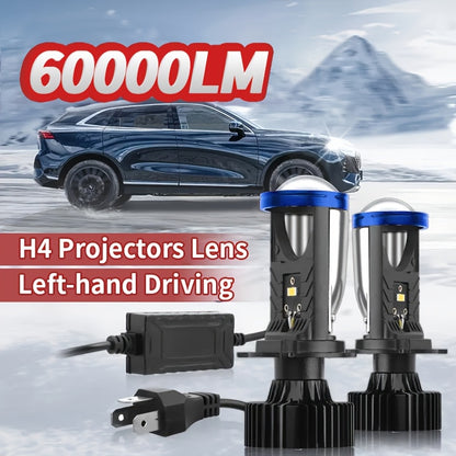 2pcs H4 High And Low Integrated Headlight Bulbs, 60, 000 Lumens 420W 3570 CSP Chip New LED Projection Lens, 6000K White Ultra-bright Light, Suitable for Motor Vehicles, Left-hand Driving, 12-24V, No Battery Required