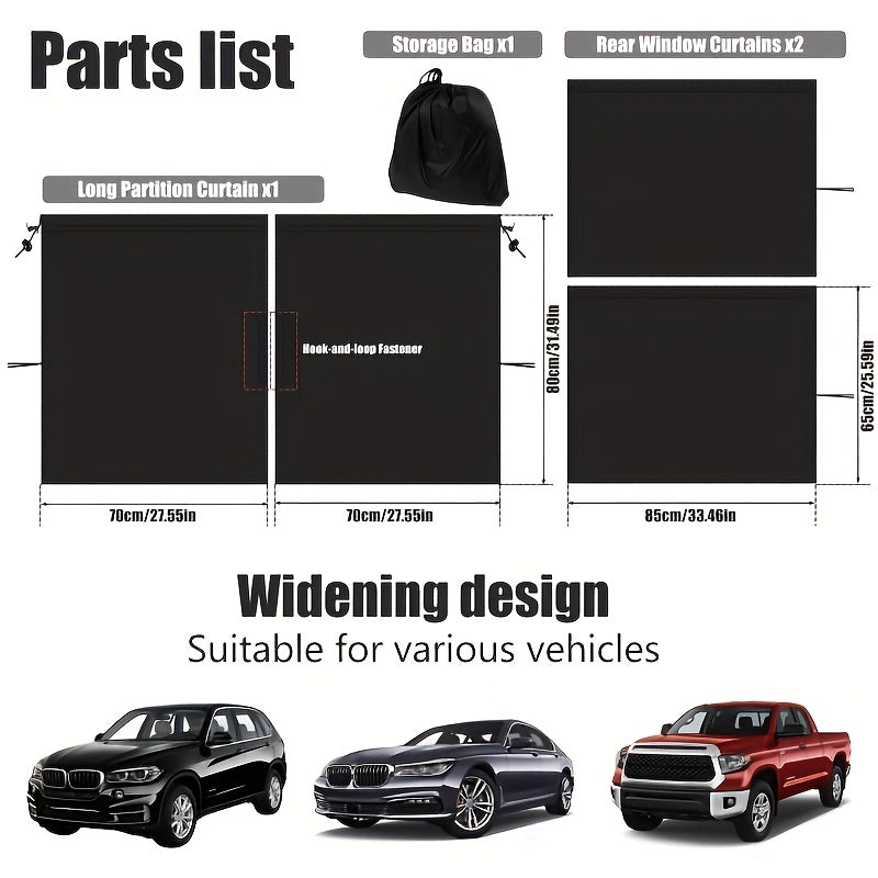 99% Light Blocking Car Curtains, 1 Rear Seat Divider Curtain And 2 Rear Side Window Curtains, Car Curtains for Windows, Wide Sedan SUV Sunshade Covers Car Cabana (Extra Large Car Curtains 3pcs)