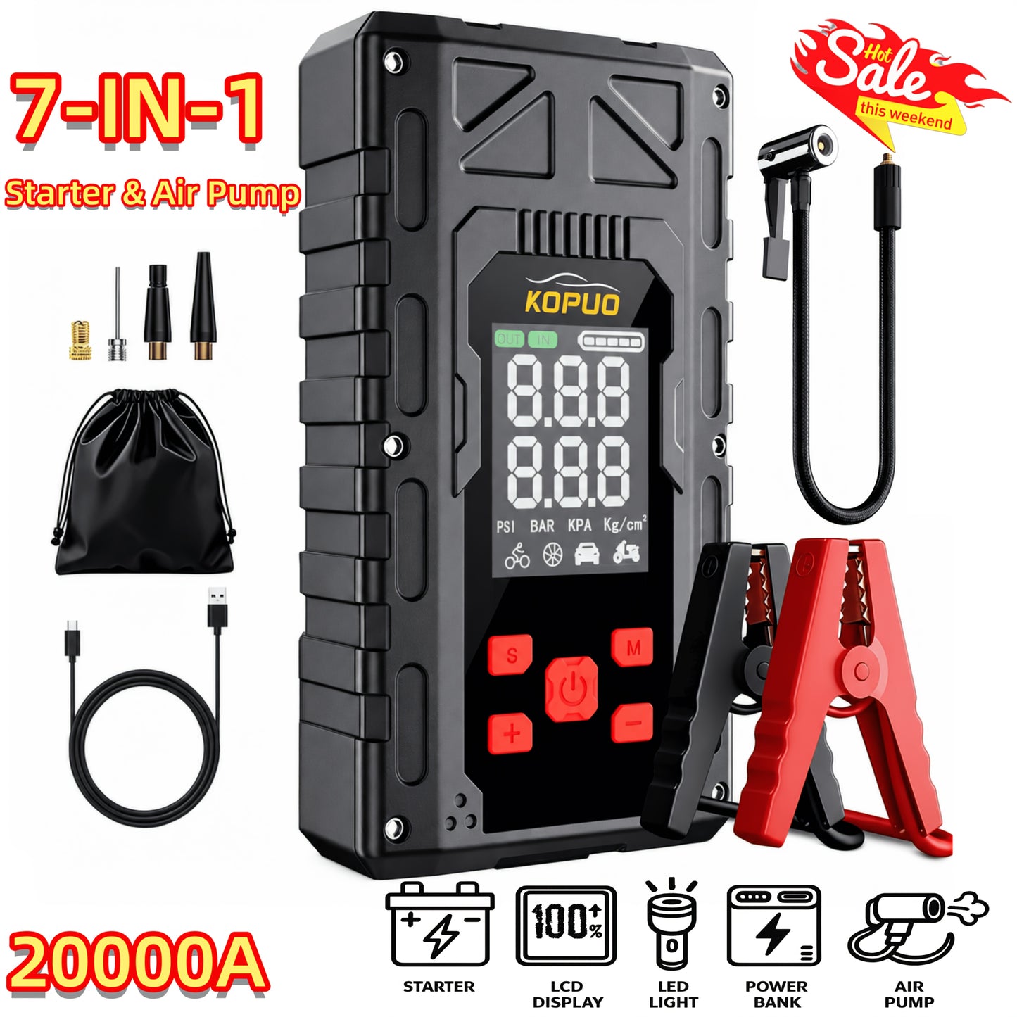 6000-20000A Peak Single Jump Starter Or 12V Portable Car Jump Starter with Air Compressor, Jump Starter Battery Pack with 150PSI Tire Inflator, 7-in-1 Multi-functional Battery Booster Power Bank with LED Light, Car Battery Charger, Roadside Assistanc