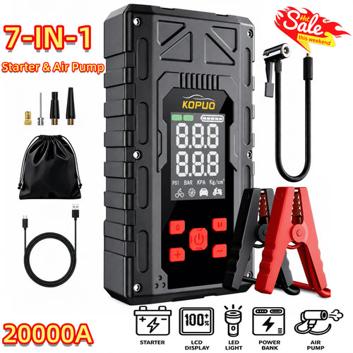 6000-20000A Peak Single Jump Starter Or 12V Portable Car Jump Starter with Air Compressor, Jump Starter Battery Pack with 150PSI Tire Inflator, 7-in-1 Multi-functional Battery Booster Power Bank with LED Light, Car Battery Charger, Roadside Assistanc