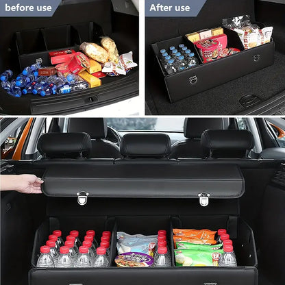 Car Trunk Organizer - Trunk Organizer & Storage SUV, PU Leather Foldable Trunk Organizer, Multi Compartment Adjustable Car Grocery Storage Box
