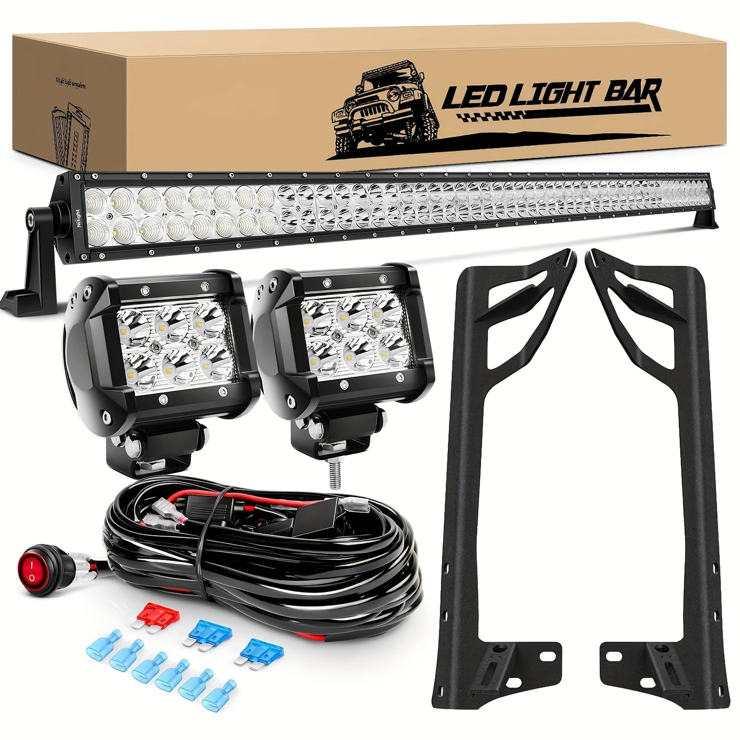 [LED Light Bar Combo] 52Inch LED Light Bar Combo Beam 2pcs 18W 4Inch S Beam LED Pods Windshield Frame Mounting Bracket for Jeep for Wrangler JK 2007-2017 with Off Road Wiring Harness 3 Leads