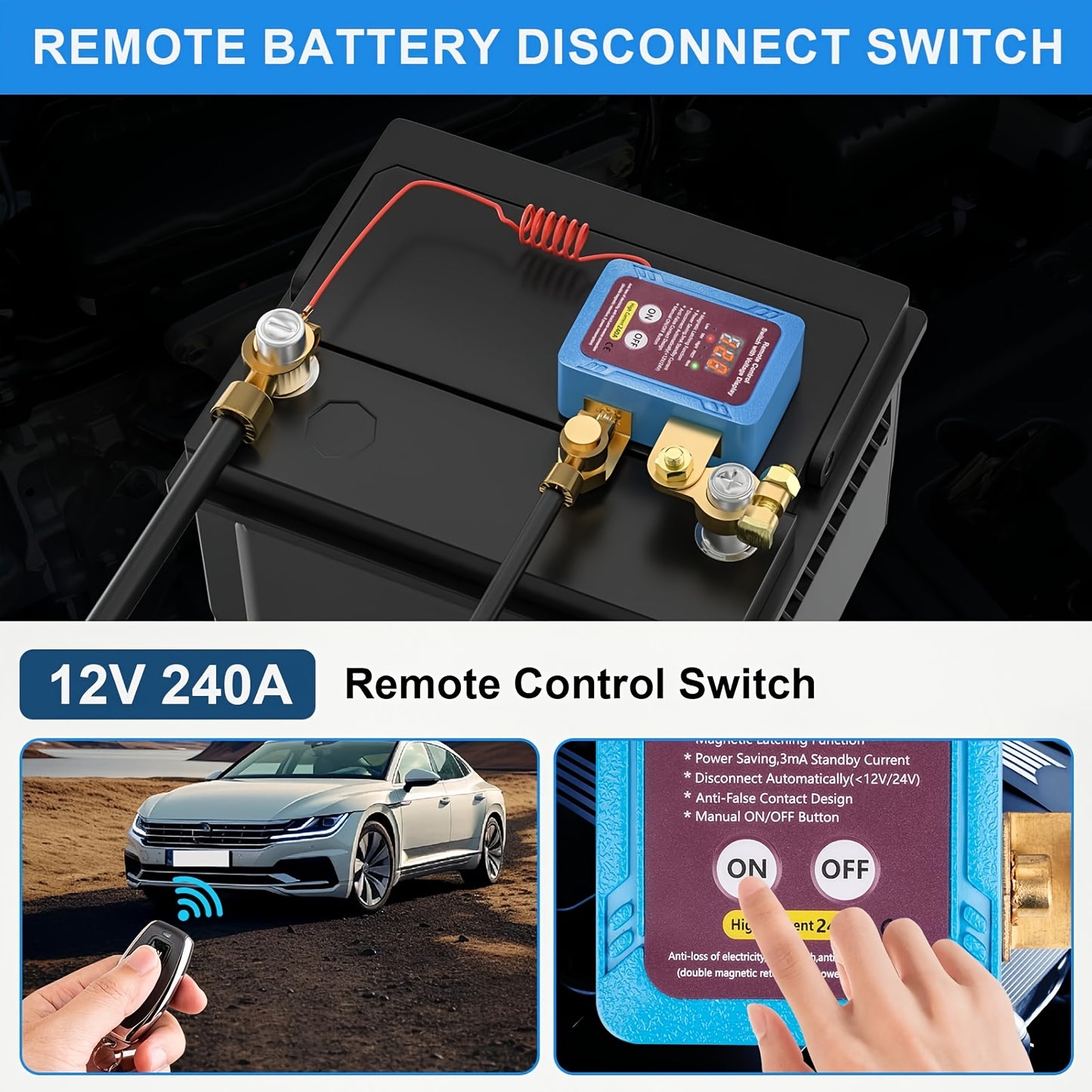 Remote Battery Disconnect Switch 12V, 240A, with LED Voltage Display, Upgrade Smart Voltage Car Kill Switch Anti-Theft, Prevent Battery Drain, Remote Battery Kill Switch for Car, Truck, RV(The Main Body Has No Wireless Function)