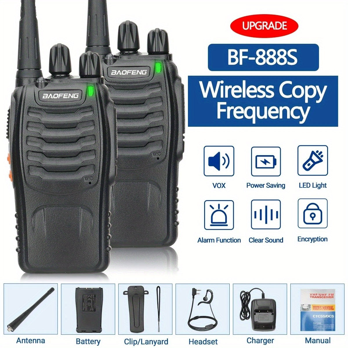 2pcs New Baofeng BF-888S Upgrade Walkie Talkie Wireless Copy Frequency Long Range Portable BF888S Ham Two Way Radio Hunting