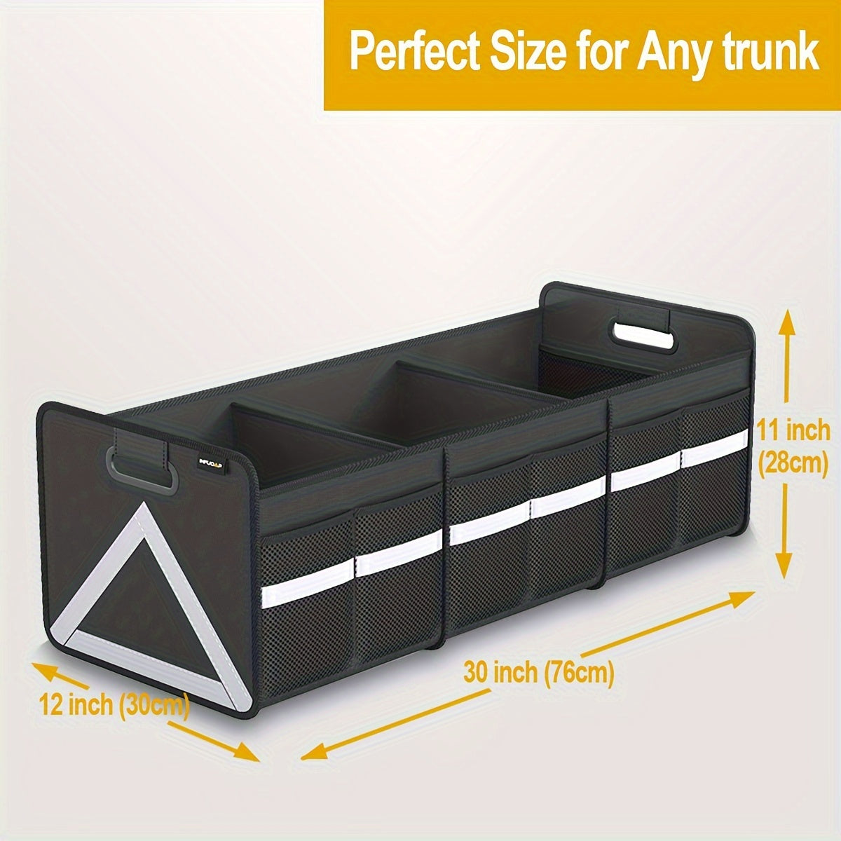 Heavy Duty Foldable Trunk Organizer with Multi Pockets & Reflective Stripe - Collapsible Storage for Car, SUV, Minivan, Trunk Space Saver, Easy Access Design, Secure Zipper Closure