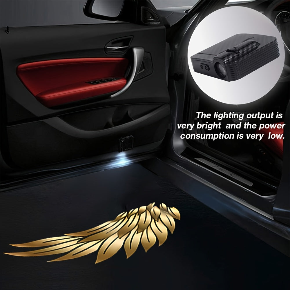 4pcs Yellow Angel Wings Car Door Welcome LED Projector - Vivid LED Lights for Cars, Bicycles, Etc., Battery Powered, Easy to Install, Car Decorative Lights | Decorative Angel Wings Head Door Sign Light, Without Battery
