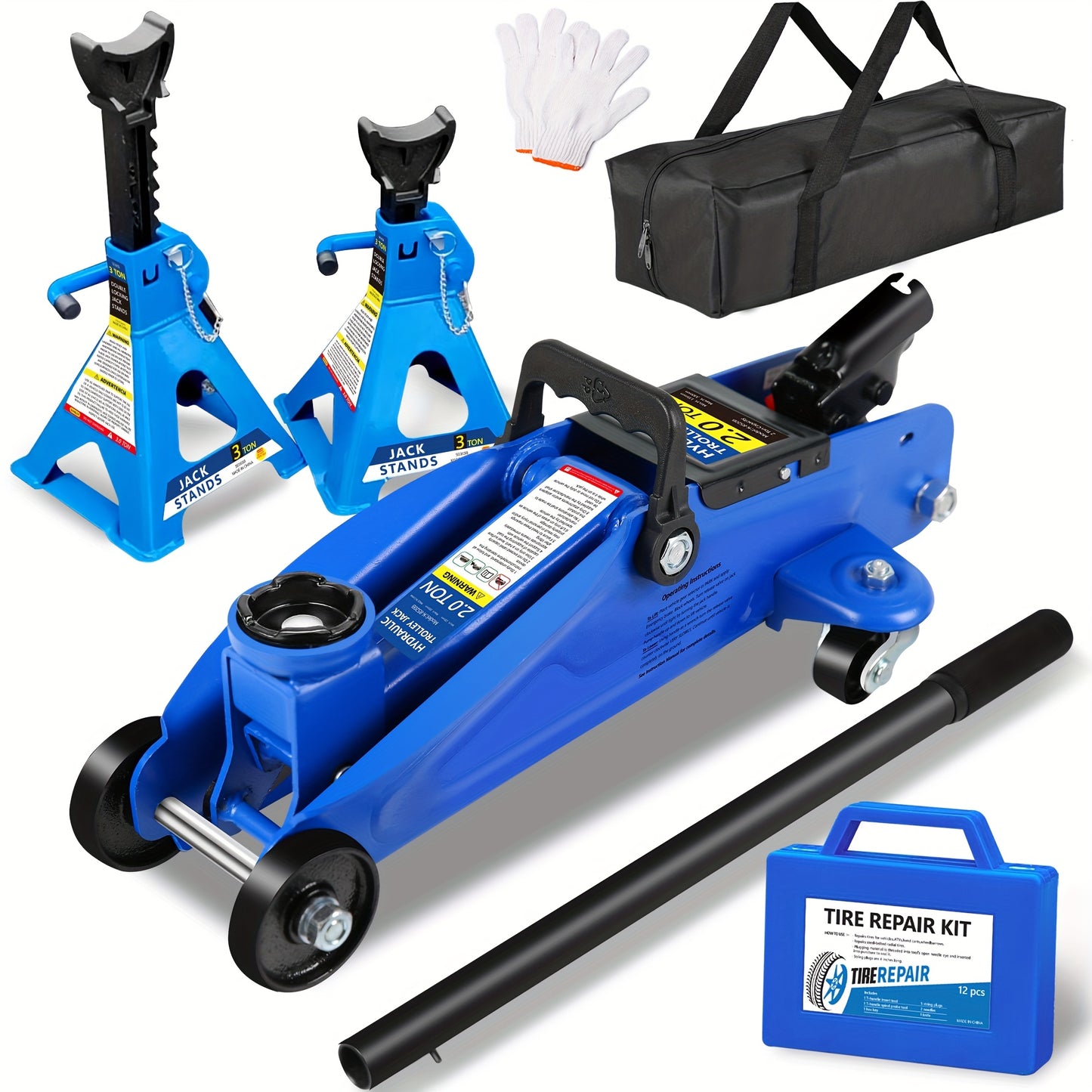 2/2.5/3 Ton Capacity, Jack Kit Low Profile Hydraulic Trolley Service/Floor Jack Combo, Multiple Meal Plans to Choose from 3 Ton Jack Stands 2PCS, Tire Repair Kit, 14-inch Wheel Cross Wrench, Wheel Chock, Jack Accessories Red/Blue