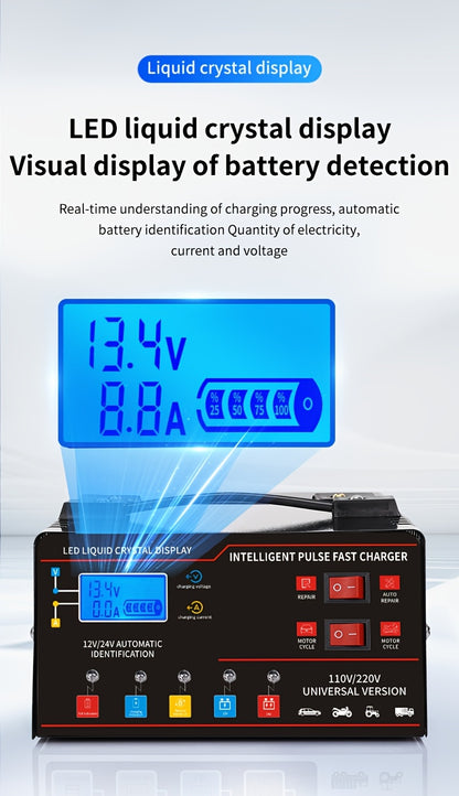 New Styles 12V 24V for smart Universal Battery Charger, LCD Screen, Pulse Repair Function, And Temperature Regulation Designed for Smart Trickle Charging Maintenance of Car, Truck, Harvester, Lawn Mower, Boat, And Motorcycle, Lead Acid Batteries