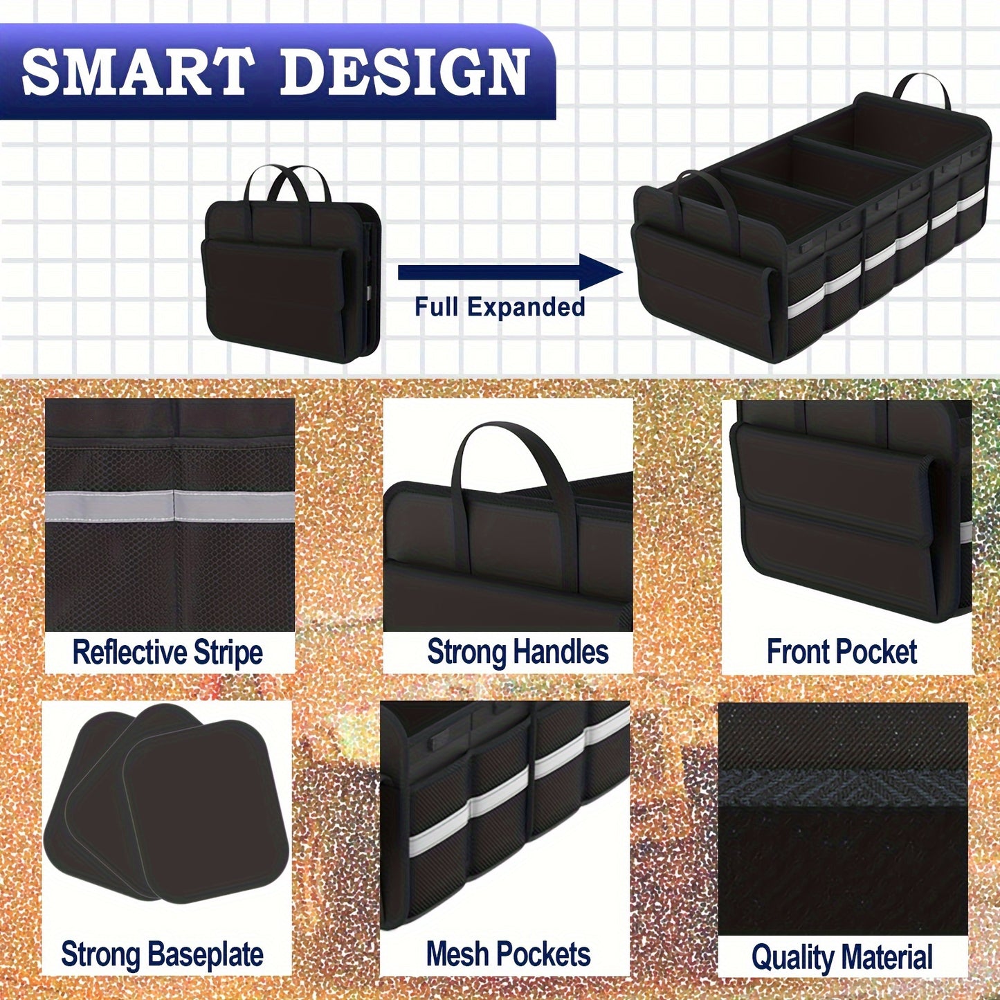 Trunk Organizer For SUV, Large Trunk Organizer For Car, Collapsible Multi-Compartment Car Trunk Organizer, Sturdy Cargo Trunk Storage Organizer, Non Slip Bottom